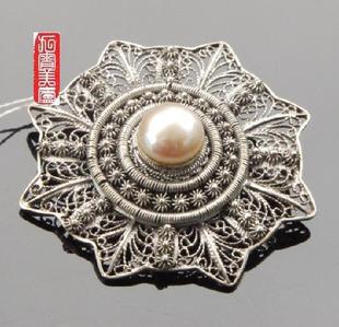 纯银手工花丝镶嵌珍珠胸针吊坠女男时尚 精工 饰品特价 夸张款