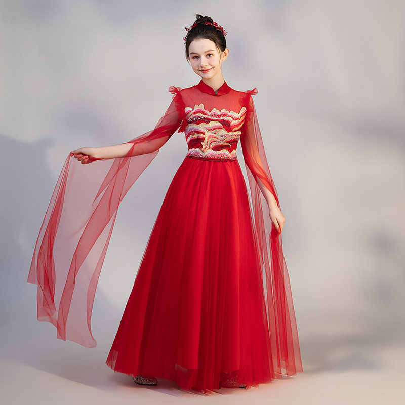 儿童礼服高端女童弹古筝演出服中国风主持人民乐演奏艺考礼服红色