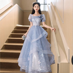 蓝色小晚礼服2026新款宴会法式轻奢小众主持人蓬蓬裙学生毕业礼服