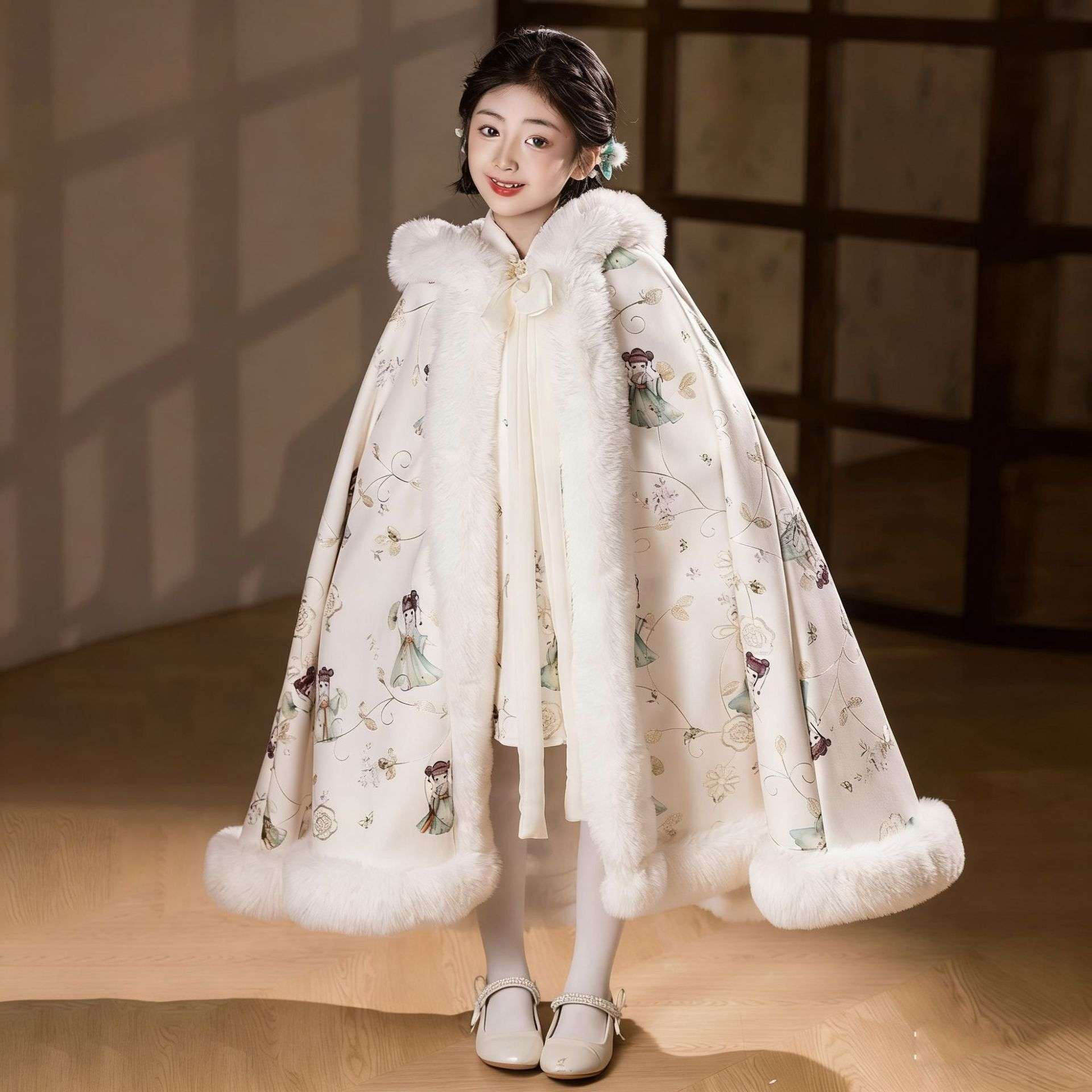 女童披风公主风保暖加厚冬季斗篷汉服女孩披肩中国风儿童连帽外套
