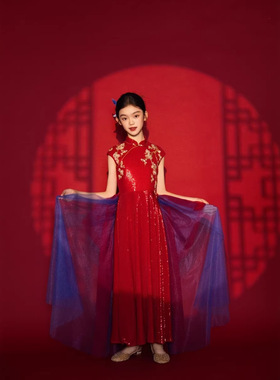 女童新中式礼服裙2026新款立领国风红色亮片古筝演奏演出服儿童裙