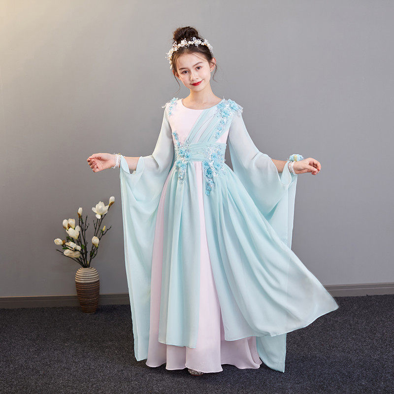 中国风儿童古筝演出服女童古典舞表演服小女孩古风改良版广袖汉服