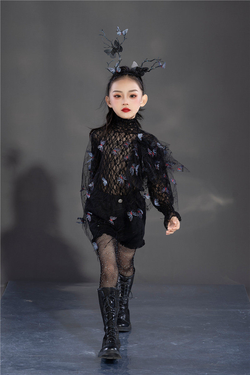 女童蕾丝蝴蝶网纱套装黑色潮服t台走秀个性设计童装摩卡服装