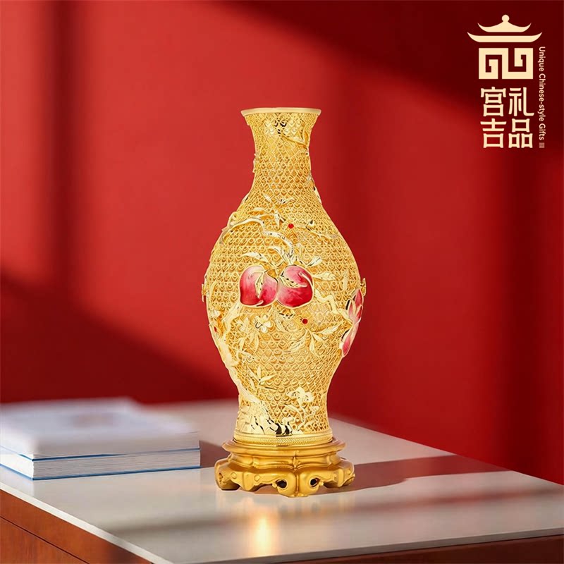 朱炳仁铜九桃五福宝瓶花瓶摆件客厅装饰玄关艺术花丝收藏品精致