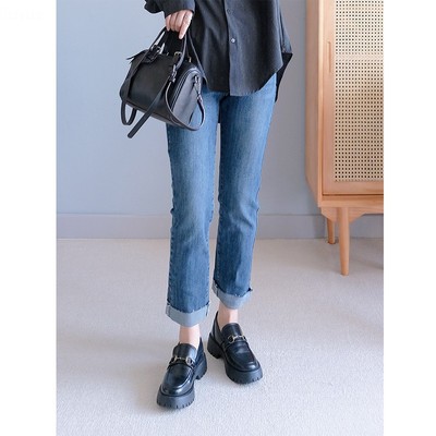 中腰皮标水洗棉流苏牛仔裤烟管裤