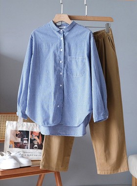 六月22164日杂小格子衬衫新品翻领显瘦通勤百搭纯棉上衣女