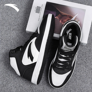 男鞋 黑白皮革青少年休闲鞋 冬季 复古百搭运动鞋 子 新款 安踏高帮板鞋