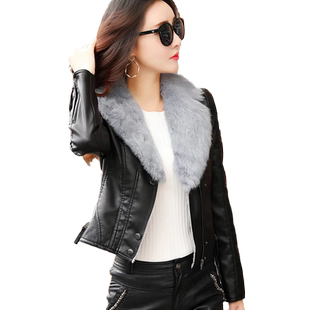 真毛领兔毛大翻领短款加绒加厚皮衣女2025冬季新款修身显瘦皮外套