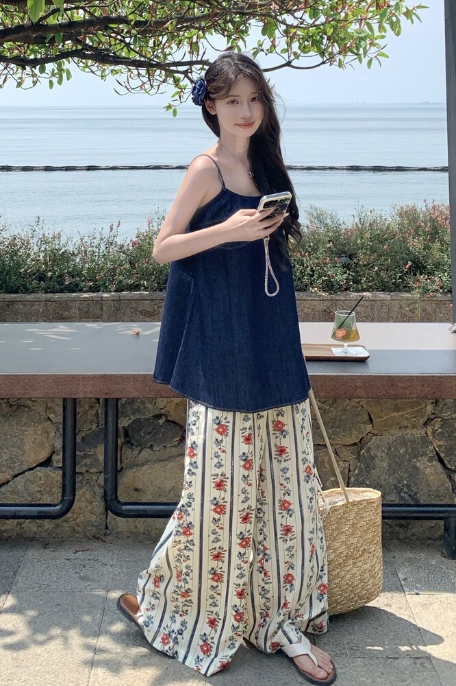 新款现货牛仔吊带碎花阔腿裤套装2D003-A30-P165-控238,女装套装/套裙,浙宝125