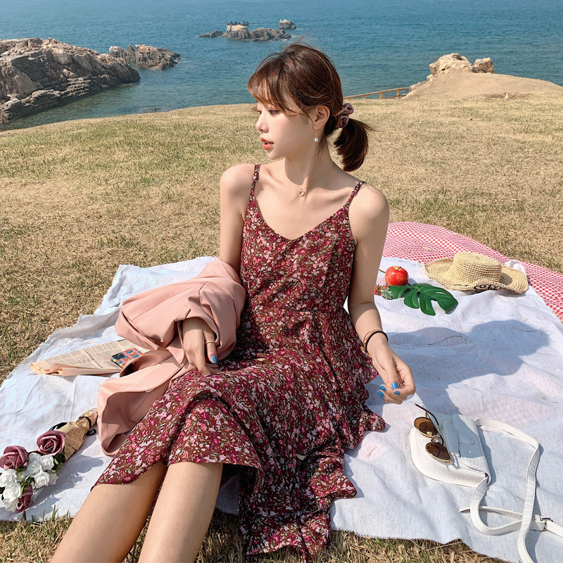 2022夏季韩版法式甜美碎花吊带连衣裙8816-P80-控128，女装连衣裙，浙宝125
