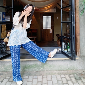 休闲风时尚套装短袖蓝色显瘦欧美风珠片盐系少年感短袖蕾丝碎花图片