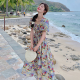 法式风紫色方领高腰连衣裙女夏季2024新款泡泡袖收腰又甜又辣裙子，女装连衣裙，浙宝125