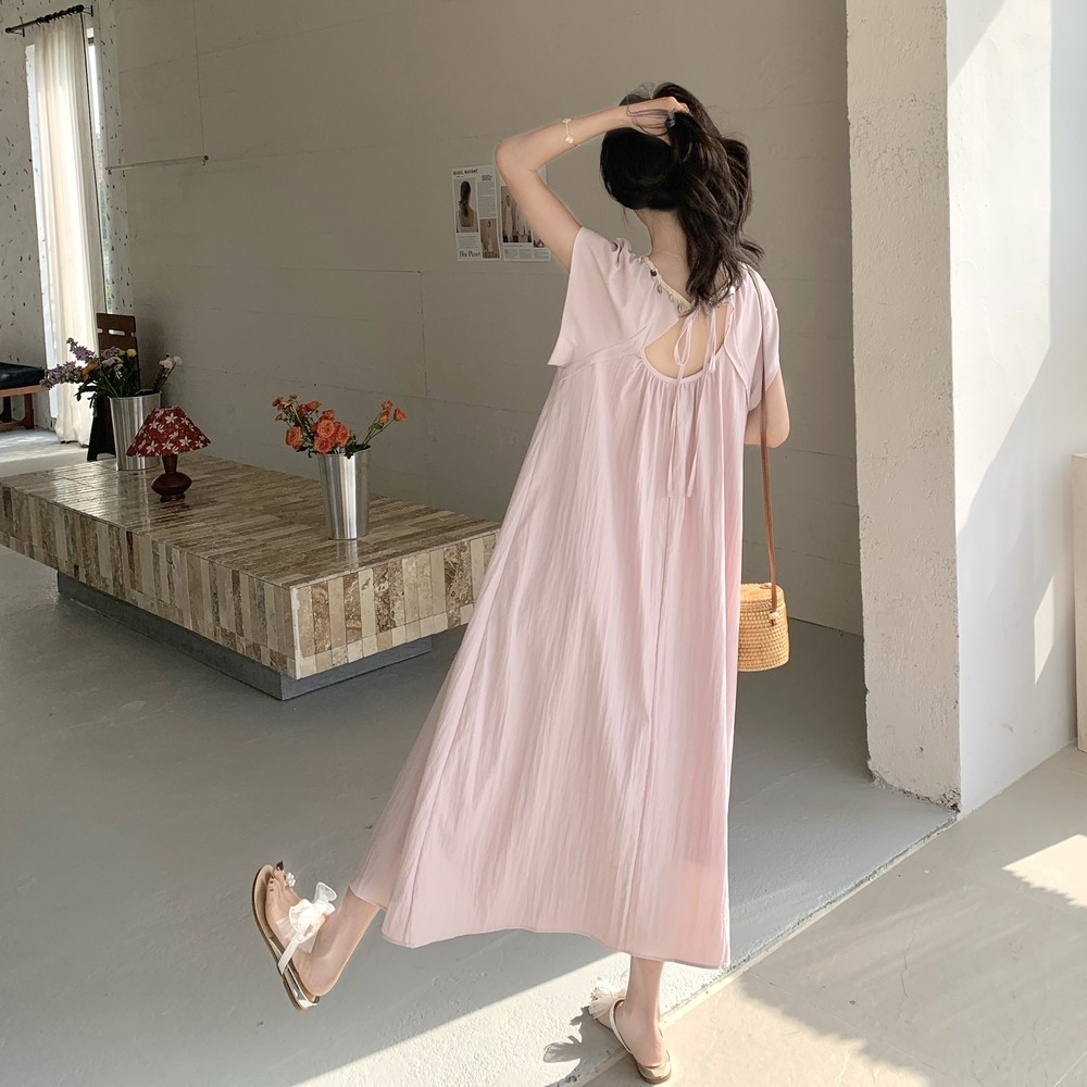 粉色垂感圆领连衣裙女2025夏季新款今年流行甜美宽松度假风长裙潮，女装连衣裙，浙宝125