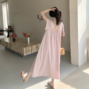粉色垂感圆领连衣裙女2025夏季新款今年流行甜美宽松度假风长裙潮,女装连衣裙,浙宝125