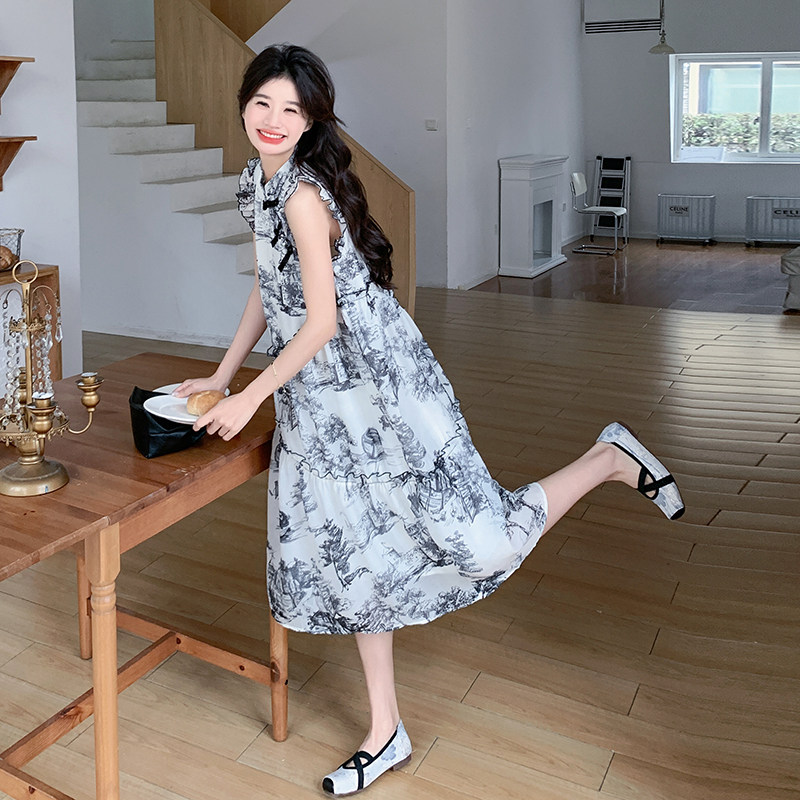 水墨画新中式国风印花连衣裙女2024夏季新款小清新盘扣小飞袖裙子,女装连衣裙,浙宝125