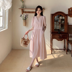 夏季韩系通勤文艺气质V领连衣裙法式高级感收腰女神范显瘦长裙子图片
