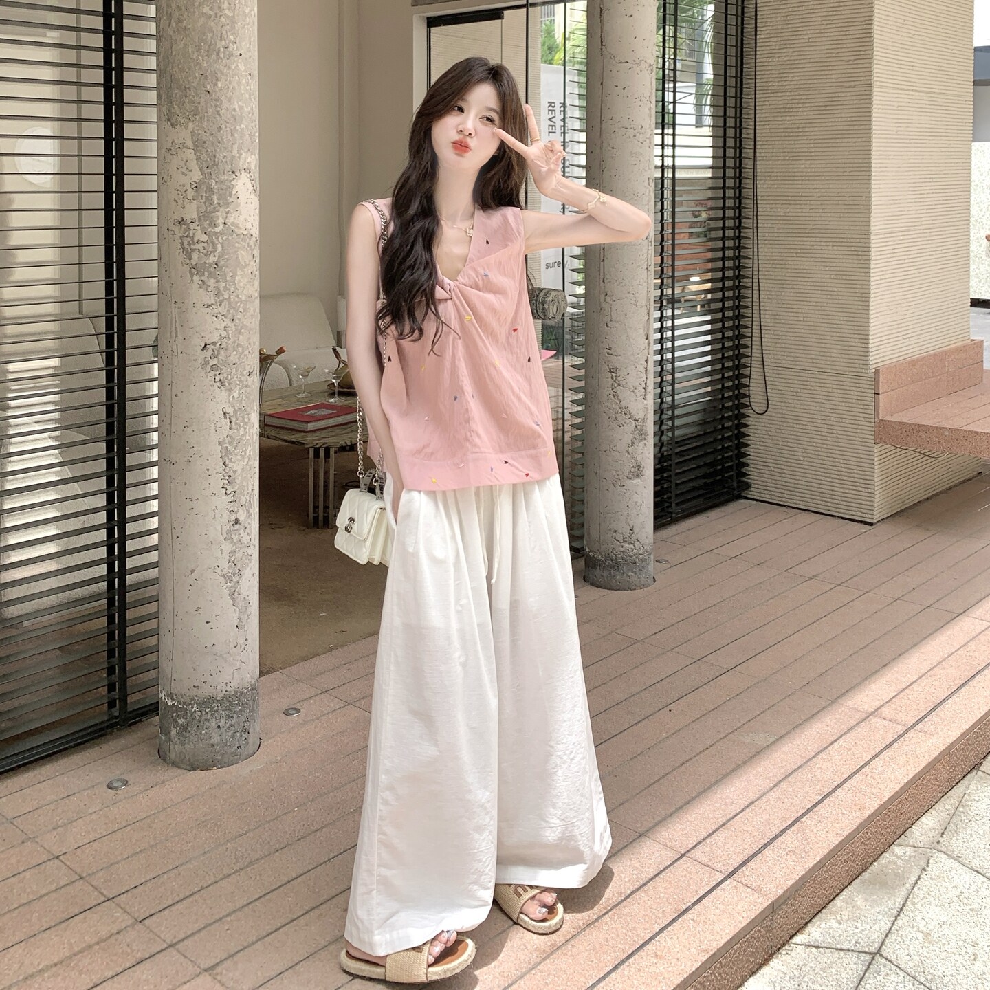 温柔系穿搭休闲套装女2025夏季新款韩系减龄刺绣背心阔腿裤两件套,女装套装/套裙,浙宝125