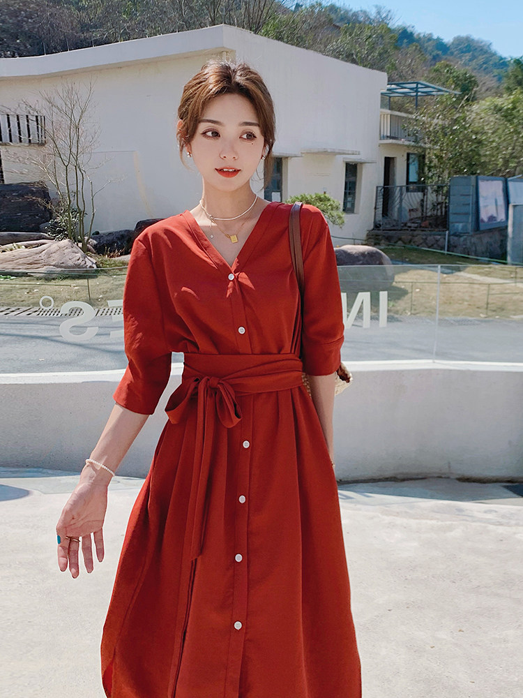 法式红色V领连衣裙女夏2025年新款轻熟风气质收腰显瘦衬衫长裙子,女装连衣裙,浙宝125
