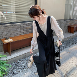 黑色气质轻熟风拼接连衣裙女2025春新款复古高级感显瘦假两件长裙图片