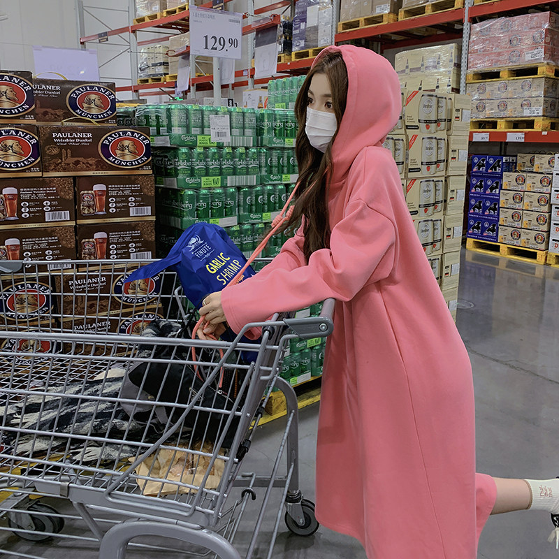 奶fufu粉色连帽卫衣连衣裙女春装2025秋冬新款超好看甜美宽松长裙,女装连衣裙,浙宝125