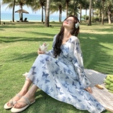 法式度假风长袖碎花连衣裙女2025夏季新款高腰显瘦惊艳绝美长裙子，女装连衣裙，浙宝125