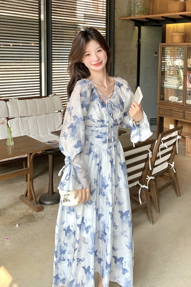 法式度假风长袖碎花连衣裙女2025夏季新款高腰显瘦惊艳绝美长裙子,女装连衣裙,浙宝125