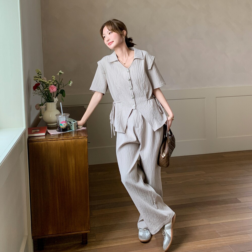 高级松弛感穿搭套装女2025夏新款清冷慵懒风短袖衬衫阔腿裤两件套,女装套装/套裙,浙宝125