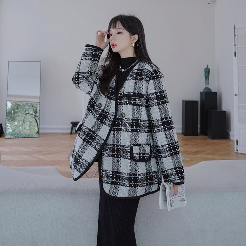 大货已出！2022秋冬新款小香风格子毛呢外套X08-P155控228,女装毛呢外套,浙宝125