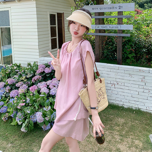甜美减龄粉色上衣短袖套装女夏2025新款小个子百搭显瘦短裤两件套图片