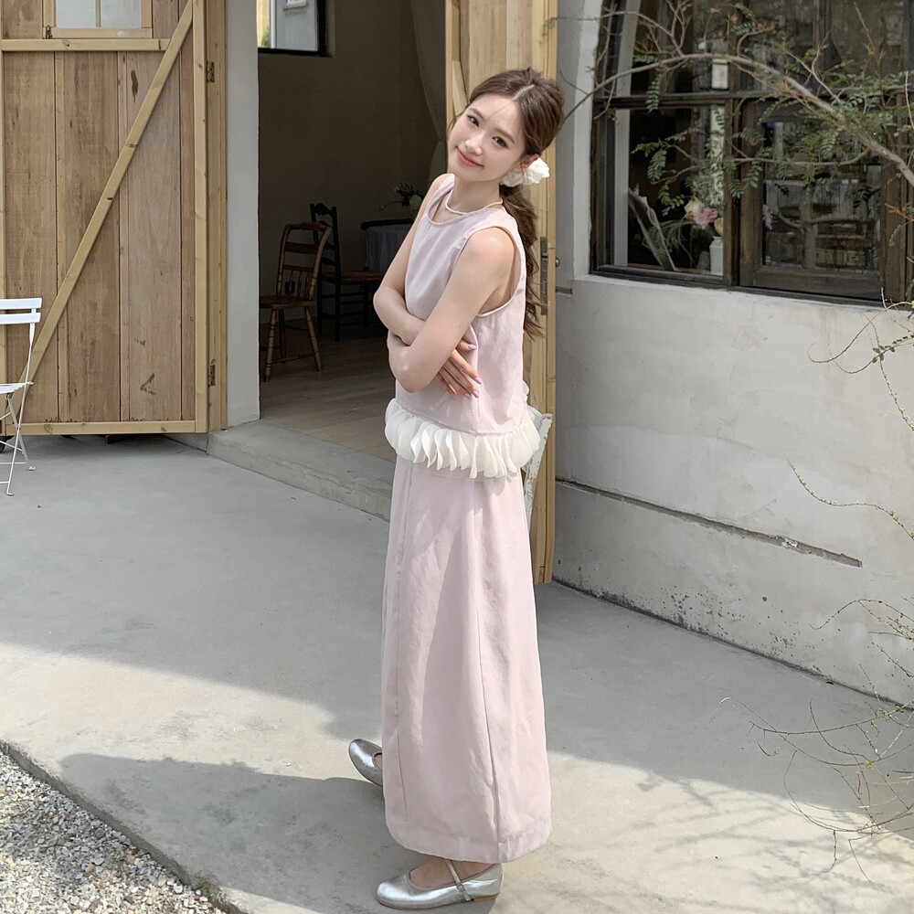 韩系温柔露背泡泡袖上衣紫色半身裙两件套装女2025清纯系夏日穿搭，女装套装/套裙，浙宝125