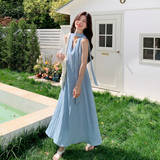 蓝色设计感温柔风甜美无袖长裙女夏新款高级感气质显瘦大摆连衣裙，女装连衣裙，浙宝125