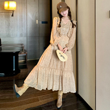 法式复古桔梗碎花连衣裙女2025春秋季新款韩版收腰显瘦茶歇长裙子，女装连衣裙，浙宝125