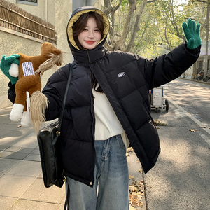 黑色连帽羽绒棉服女2024冬季新款韩系学院风休闲百搭小个子面包服图片