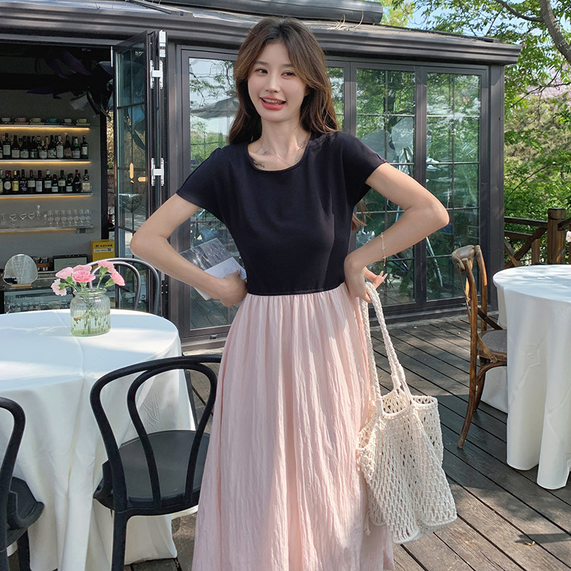 粉色针织拼接假两件连衣裙女夏季气质显瘦甜美温柔风显身材长裙子,女装连衣裙,浙宝125