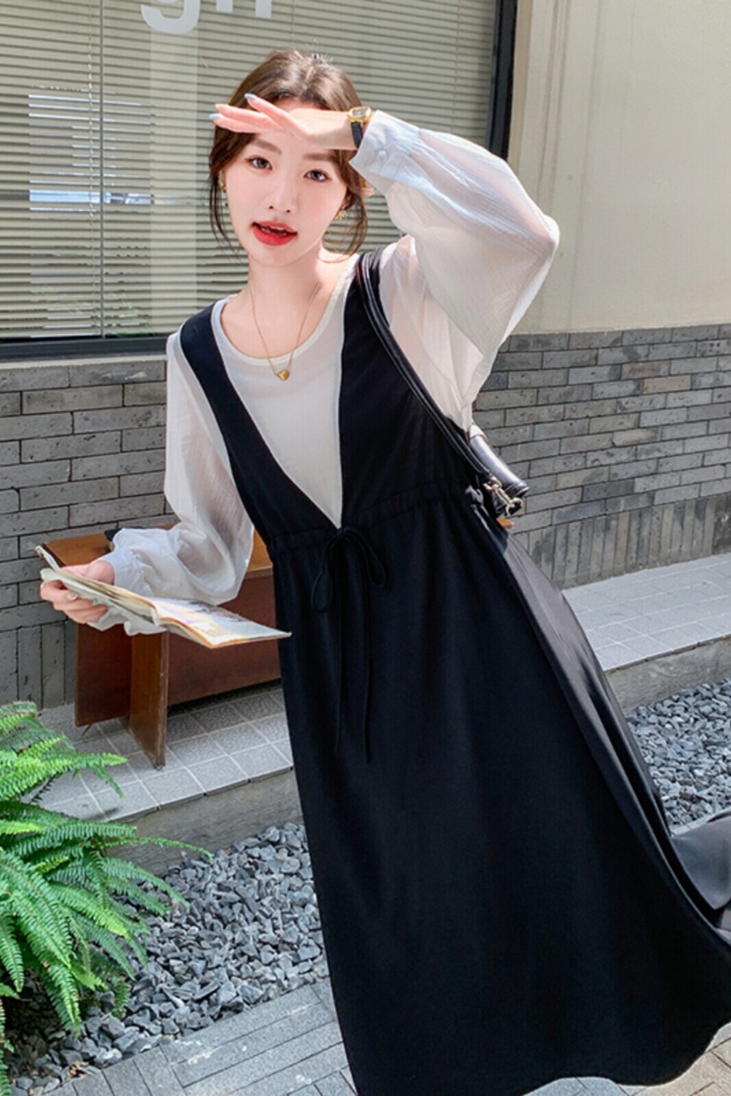 黑色气质轻熟风拼接连衣裙女2025春新款复古高级感显瘦假两件长裙,女装连衣裙,浙宝125