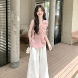 温柔系穿搭休闲套装女2025夏季新款韩系减龄刺绣背心阔腿裤两件套，女装套装/套裙，浙宝125