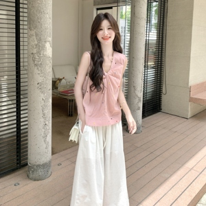 温柔系穿搭休闲套装女2025夏季新款韩系减龄刺绣背心阔腿裤两件套