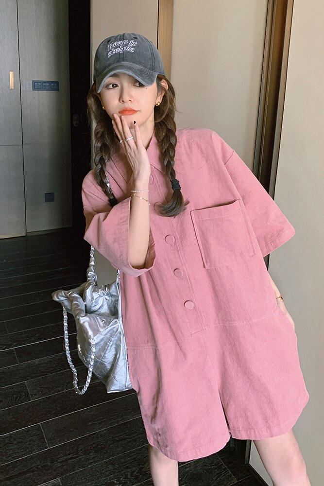 设计感粉色工装连体裤女夏2025年新款连身裤宽松阔腿连衣短裤,女装连体裤,浙宝125