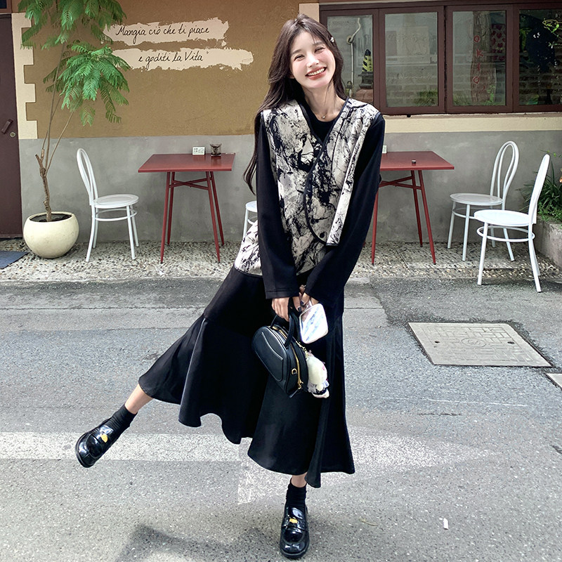 新中式国风水墨画马甲套装女2025春秋季新款宽松气质连衣裙两件套,女装套装/套裙,浙宝125