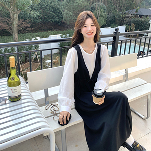 黑色气质轻熟风拼接连衣裙女2025春新款复古高级感显瘦假两件长裙图片