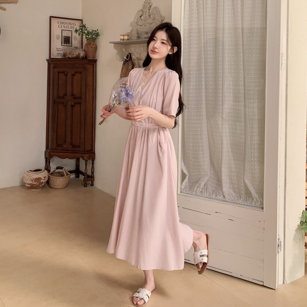 夏季韩系通勤文艺气质V领连衣裙法式高级感收腰女神范显瘦长裙子,女装连衣裙,浙宝125