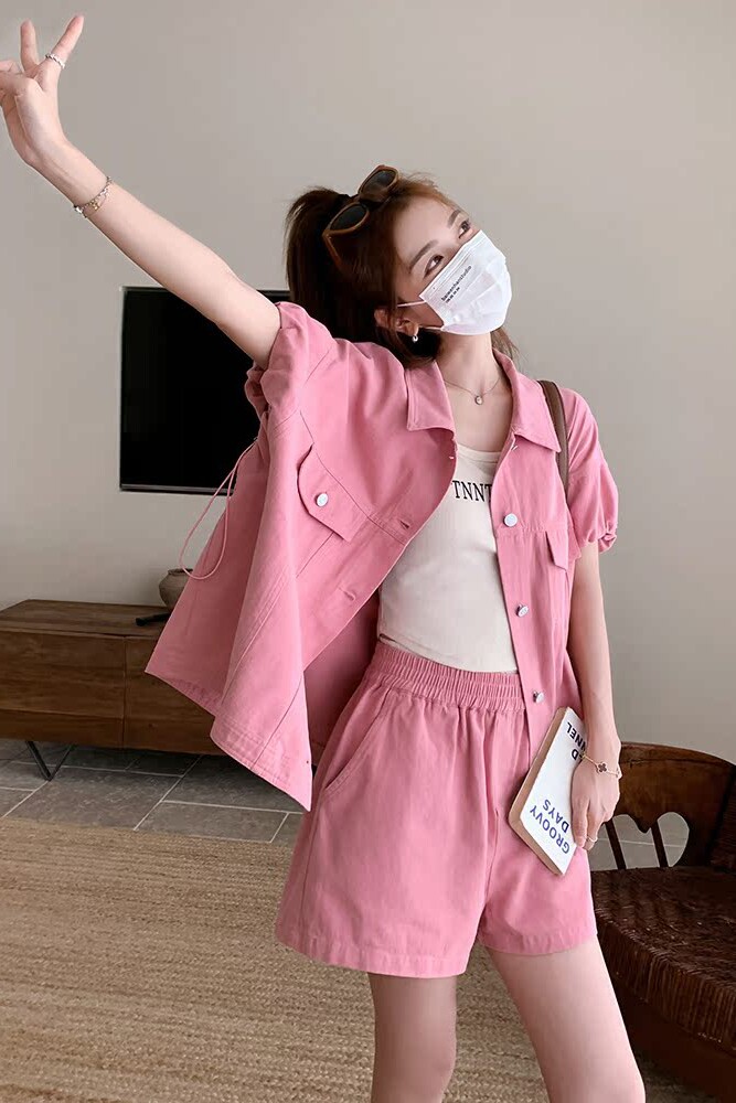短袖上衣时尚休闲甜酷套装女2024夏季新款粉色小个子短裤两件套,女装套装/套裙,浙宝125