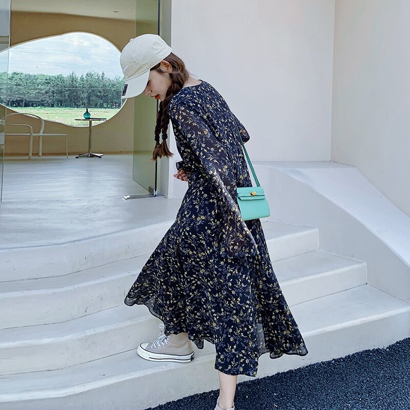 现货主推！！！感法式复古长袖v领碎花连衣裙9027-P105-控158，女装连衣裙，浙宝125