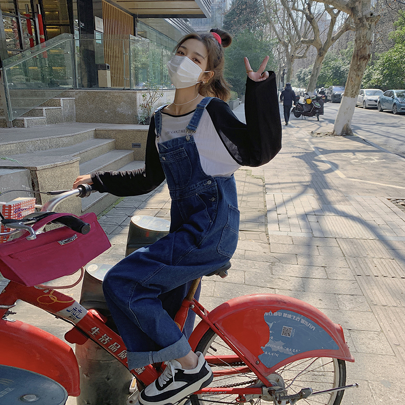 现货主推！2022韩版新款宽松显瘦减龄牛仔背带裤女9011-P95-控148，女装牛仔裤，浙宝125