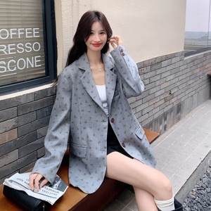 通勤灰色碎花西服上衣女春秋超火好看高级小众休闲职业西装短外套图片