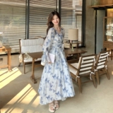 法式独特绝美度假风连衣裙女2025春夏新款蝴蝶印花高级感收腰长裙，女装连衣裙，浙宝125