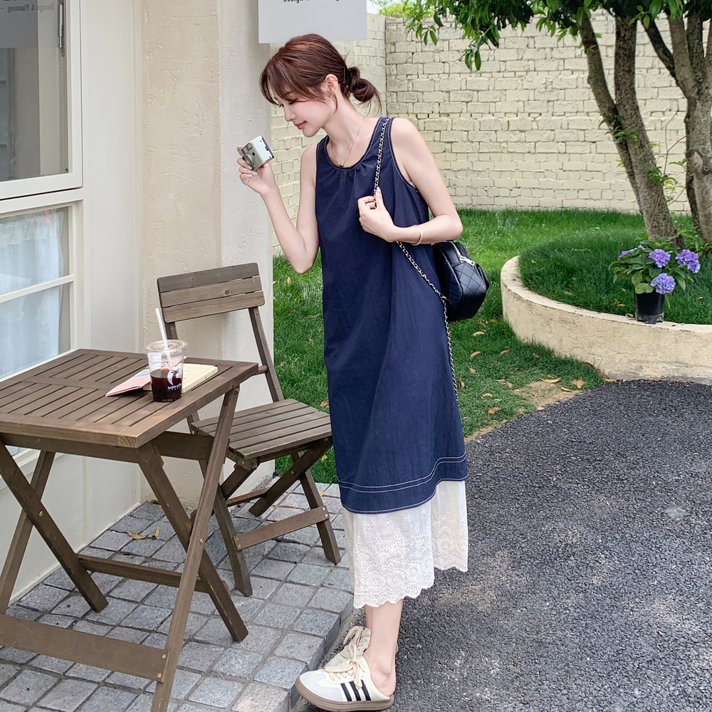 深蓝色蕾丝拼接连衣裙女2025夏新款法式慵懒风复古气质无袖背心裙，女装连衣裙，浙宝125