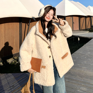 棕色软糯麂皮绒两面穿皮毛一体羊羔毛外套女秋冬2025新款加厚棉服图片