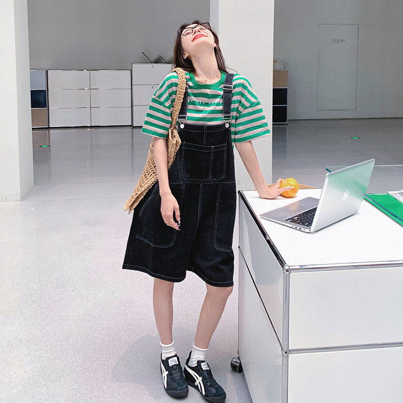 深蓝色牛仔背带短裤女夏季薄款2025高腰显瘦小个子T恤阔腿裤套装,女装套装/套裙,浙宝125