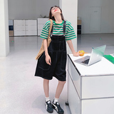 深蓝色牛仔背带短裤女夏季薄款2025高腰显瘦小个子T恤阔腿裤套装，女装套装/套裙，浙宝125